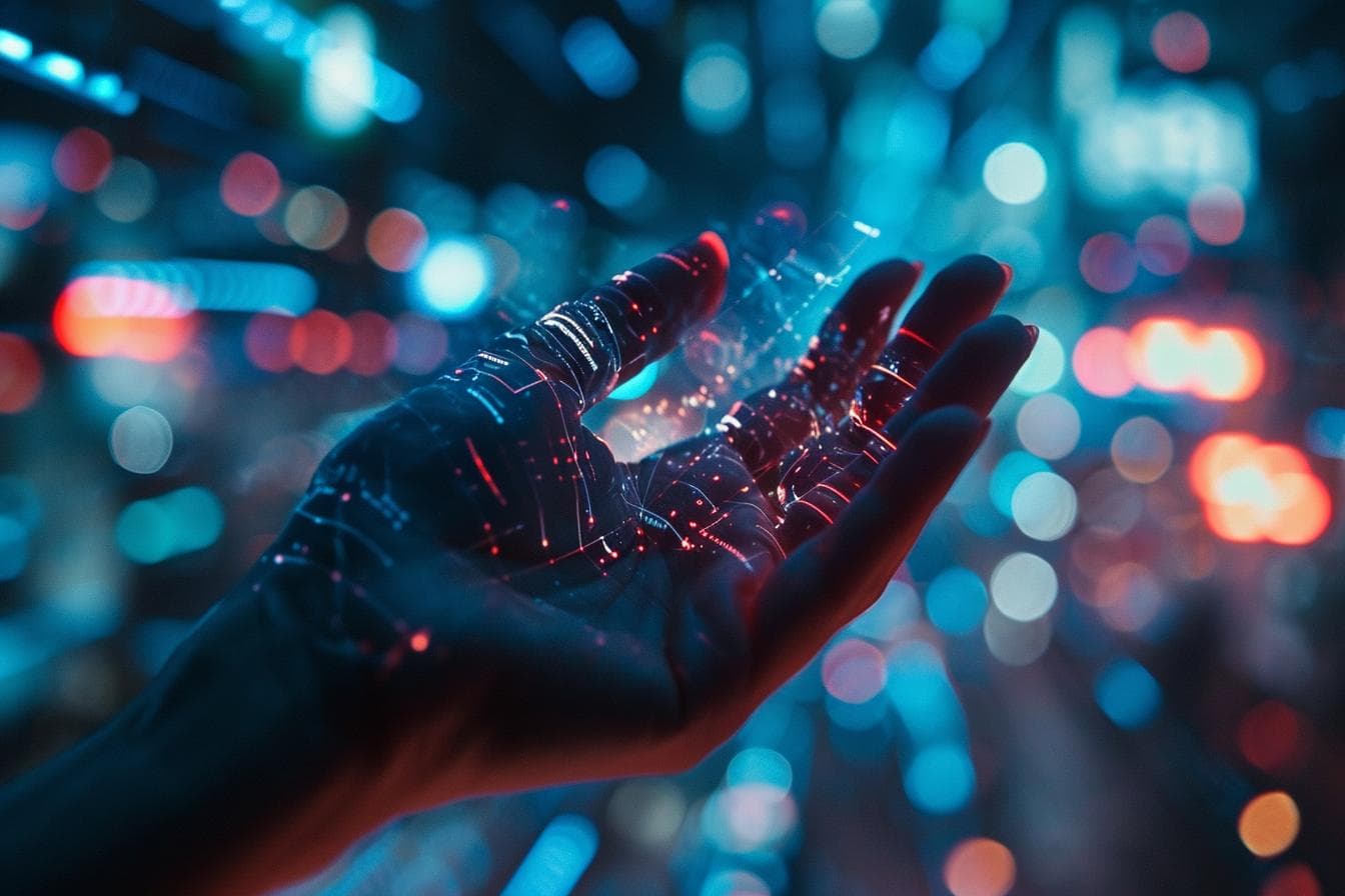 Future-of-Web-Apps A hand with glowing red and blue digital lines and circuits is reaching out against a blurred background of bright city lights, creating a futuristic and technological atmosphere.