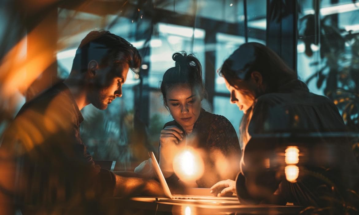 Three people sit around a table engaged in discussion, illuminated by a warm overhead light. They are focused on a laptop screen, with reflections of the room's ambient lights visible on the window behind them.