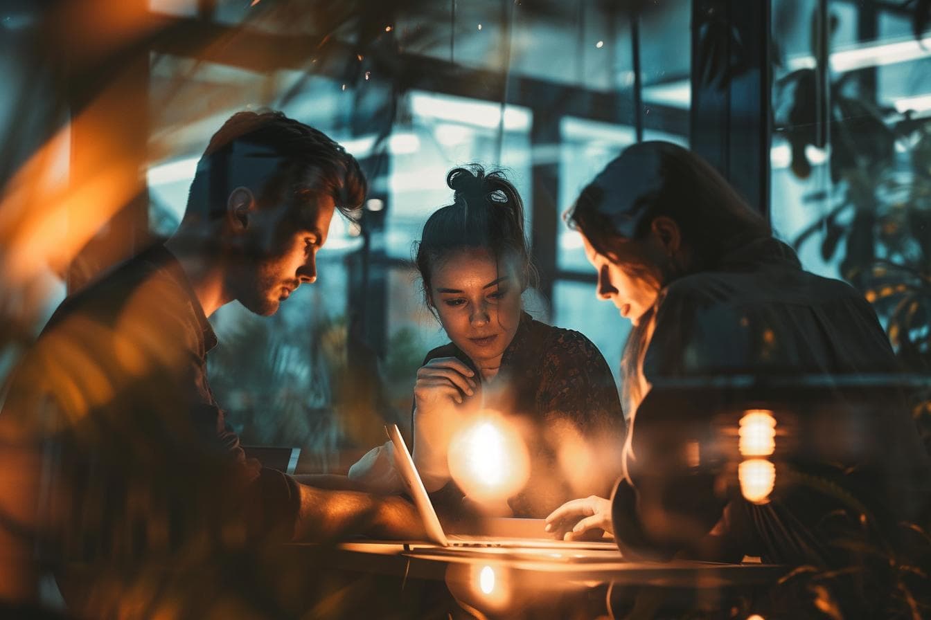 Blog 97 Three people sit around a table engaged in discussion, illuminated by a warm overhead light. They are focused on a laptop screen, with reflections of the room's ambient lights visible on the window behind them.