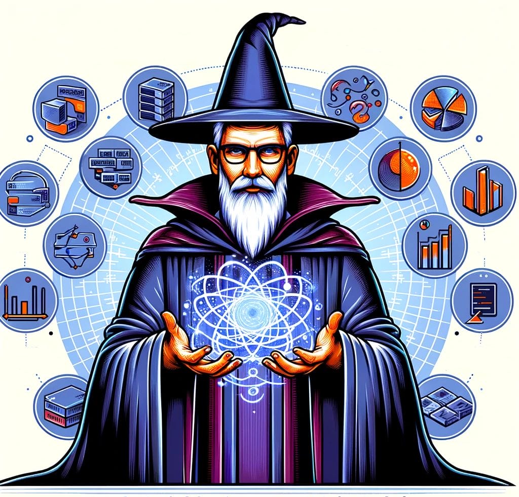 A wizard in a hat and robe holds a glowing atomic symbol. Surrounding him are icons of bar graphs, pie charts, databases, and interconnected dots, symbolizing data science and analytics. The background is a radiant blue grid.