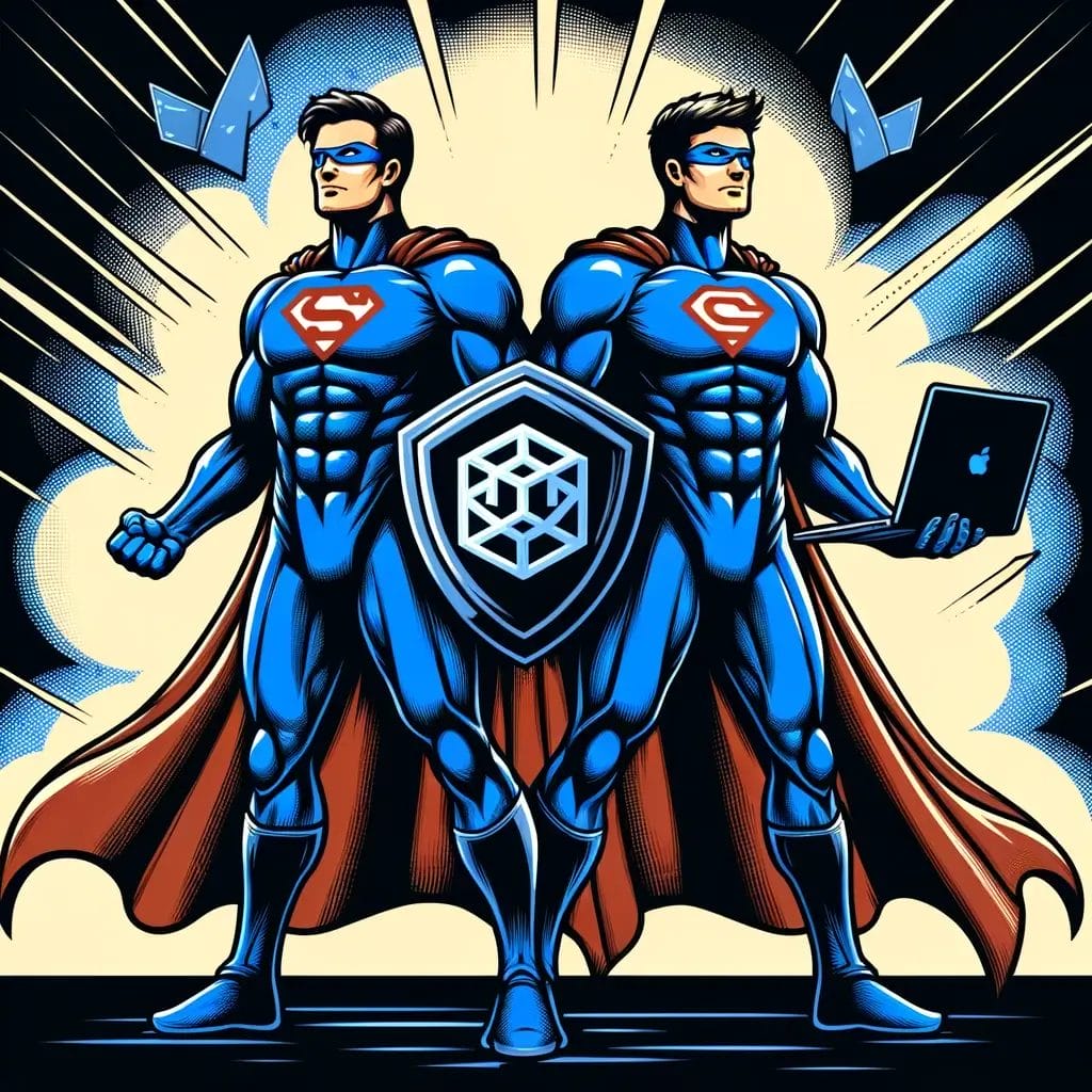 Illustration of two superhero figures in blue suits and red capes. Both have stylized "S" logos on their chests. One holds a shield, the other a laptop. They stand in powerful poses with butterfly motifs around them, against a burst background.