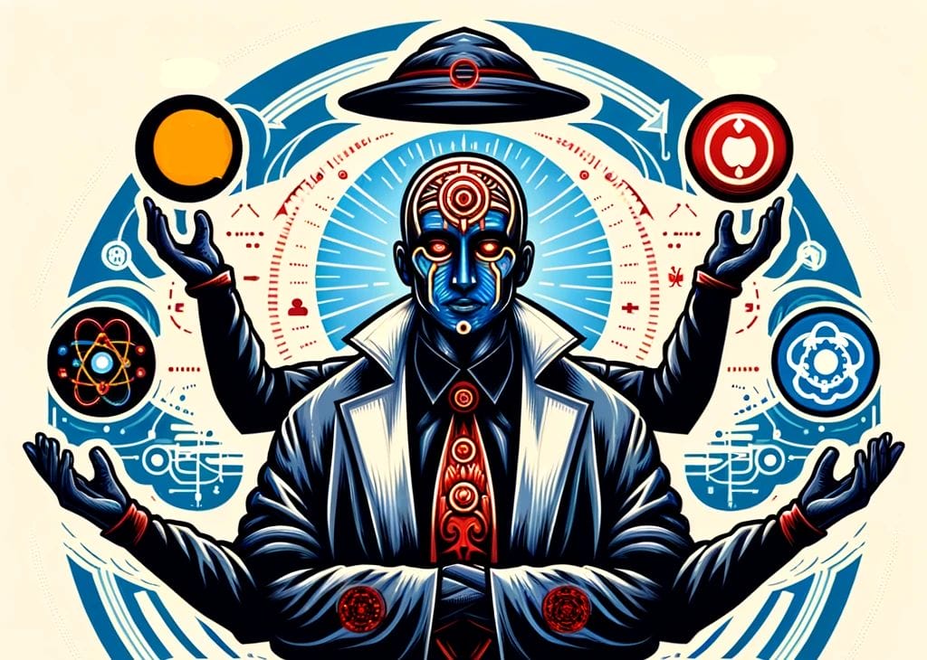 Futuristic illustration of a person with blue skin, wearing a coat and tie. They have multiple arms holding symbols: a UFO, gear, atom, apple, and circle. A digital interface with abstract designs surrounds them.
