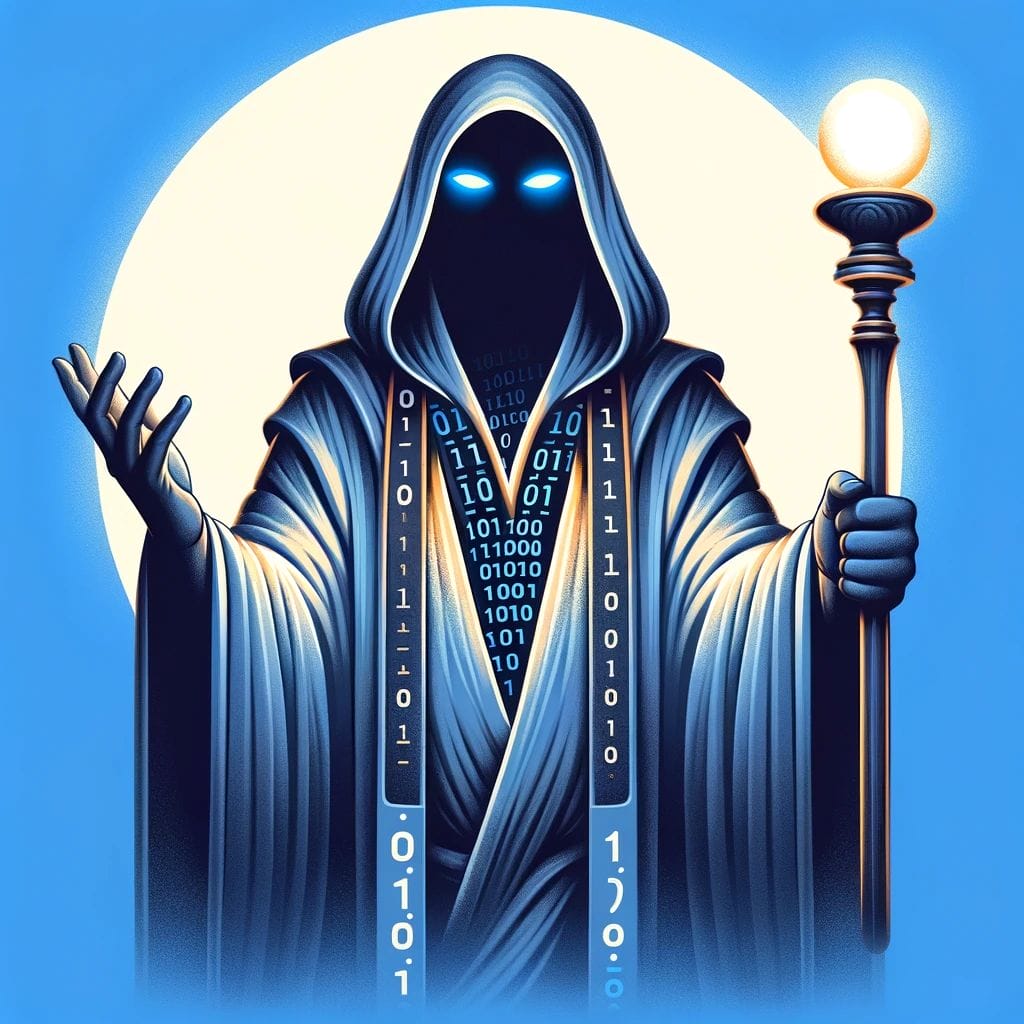 A mysterious robed figure with glowing blue eyes and binary code on its robes stands against a full moon, holding a staff with an illuminated orb. The image has a digital, futuristic aesthetic.