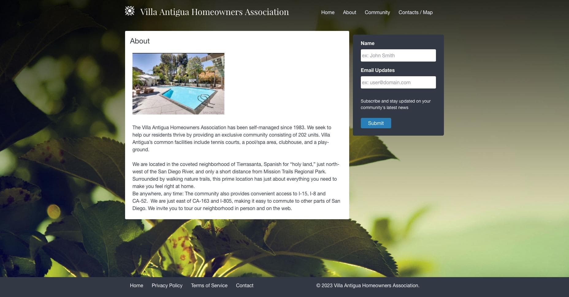 case-study-villa-antigua-hoa Screenshot of the Villa Antigua Homeowners Association website's About page, featuring a form on the right for name and email updates and a submit button. The background image shows a swimming pool surrounded by greenery.