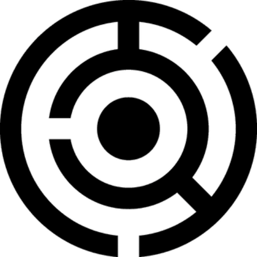 A circular, black and white maze design with concentric rings centered around a solid circle. The pattern features openings for paths, creating a symmetrical labyrinth.