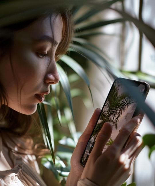 A woman stands near a window, partially surrounded by leafy plants. She is holding a smartphone displaying an image of palm trees. Sunlight filters through the leaves, casting gentle shadows on her face.