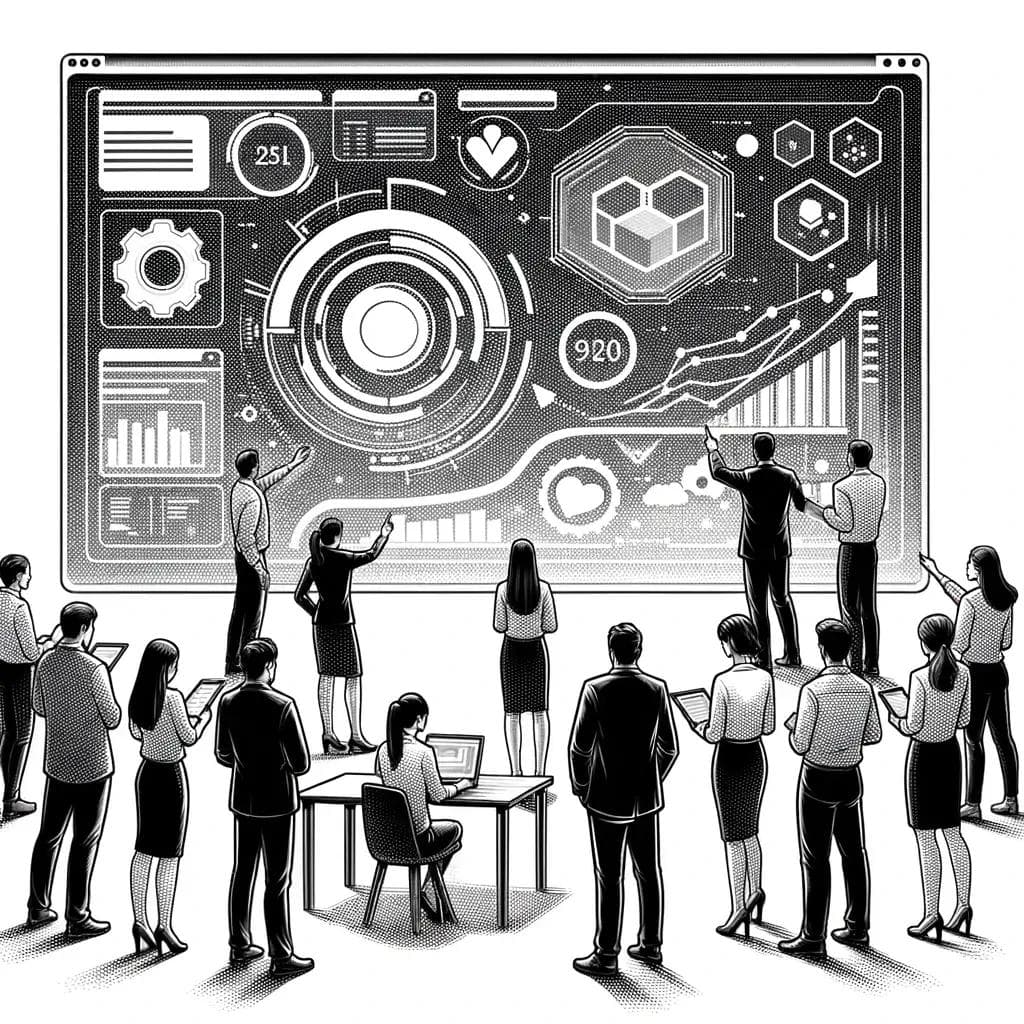 about-side-3 A group of people analyze a large digital display with charts, graphs, and icons. Some stand pointing, while others sit with laptops. Data visualizations include circular and line graphs, indicating a tech-focused meeting. Black and white illustration.