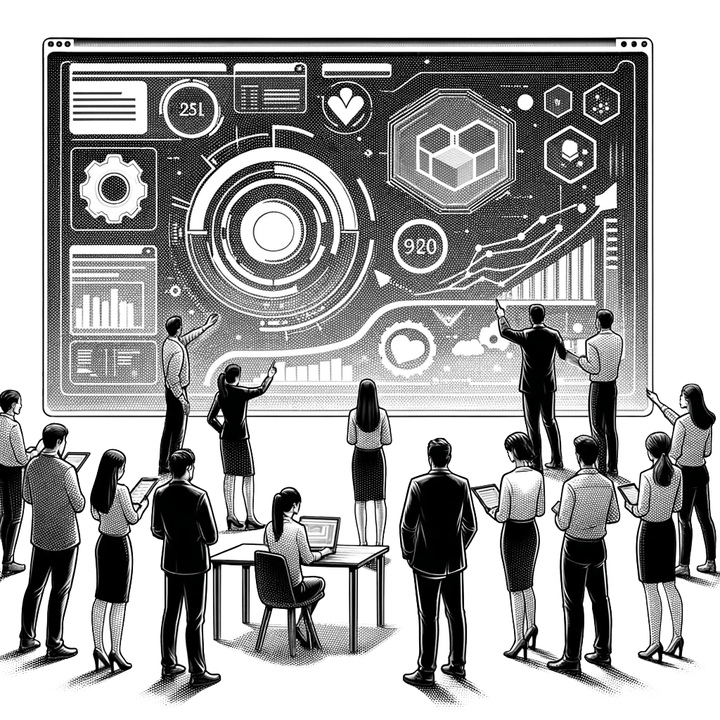 about-side-4 A group of people in business attire stand and interact with a large digital screen displaying data charts and graphics. One person sits at a table with a laptop. The screen shows various icons and statistical visuals.
