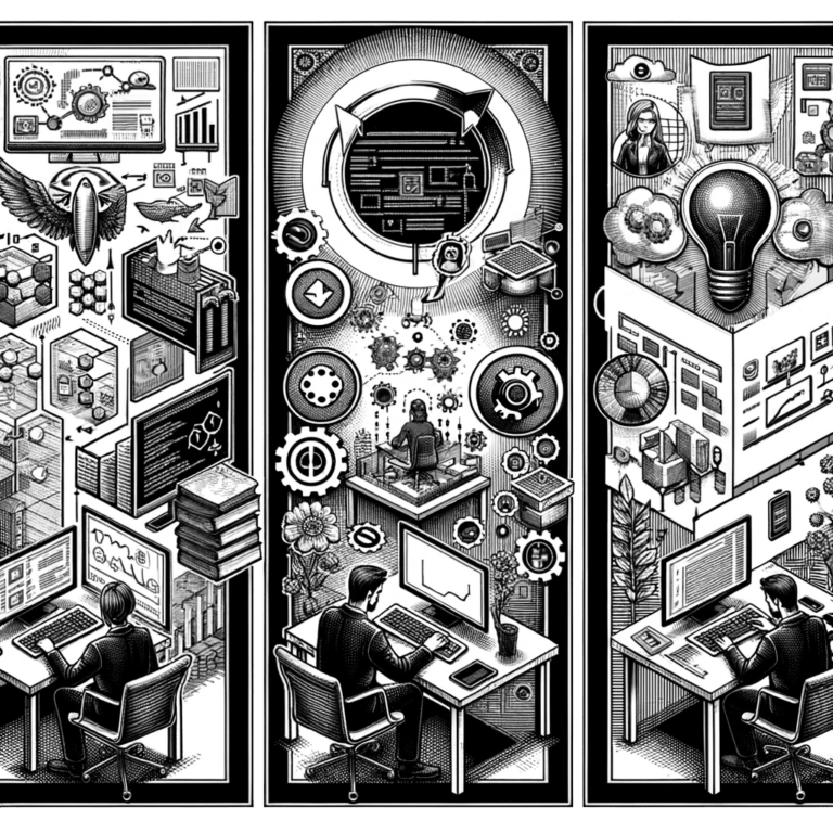 about-side-v3 A black-and-white illustration depicts three panels. Each shows people at desks with computers amidst gears, lightbulbs, and technological icons symbolizing innovation and data analysis. It's detailed with elements like wings, nature, and abstract patterns.
