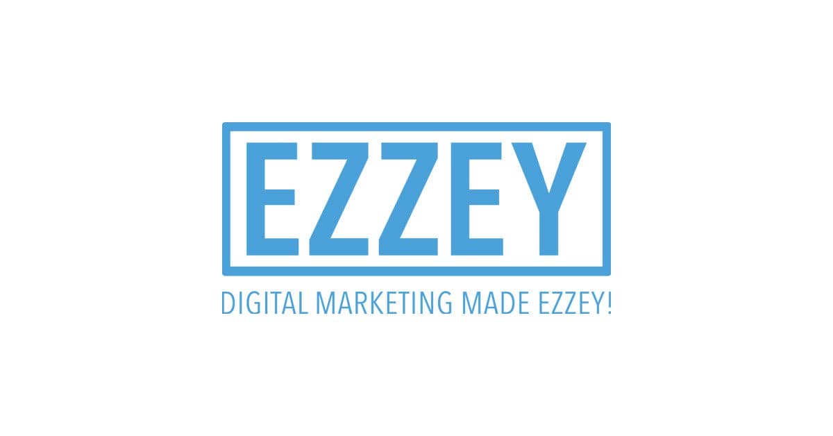 casestudy-ezzey Logo with the word "EZZEY" in large blue letters inside a blue rectangle. Below, in smaller blue text, it says "DIGITAL MARKETING MADE EZZEY!" on a white background.