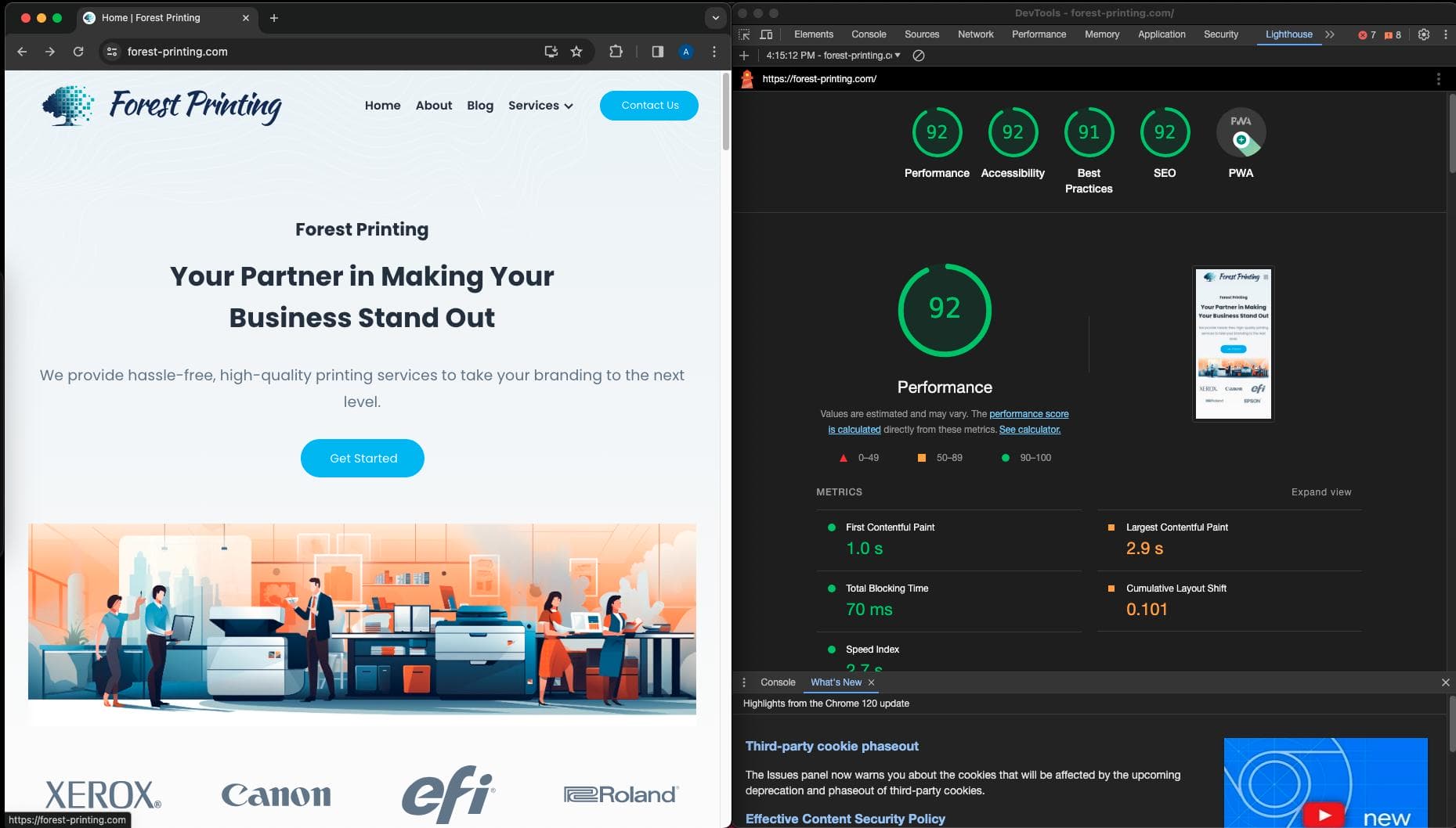casestudy-forestprinting Screenshot showing a "Forest Printing" website homepage on the left, featuring printing services, and a web performance report on the right, showing a performance score of 92. The page highlights metrics such as accessibility and best practices.