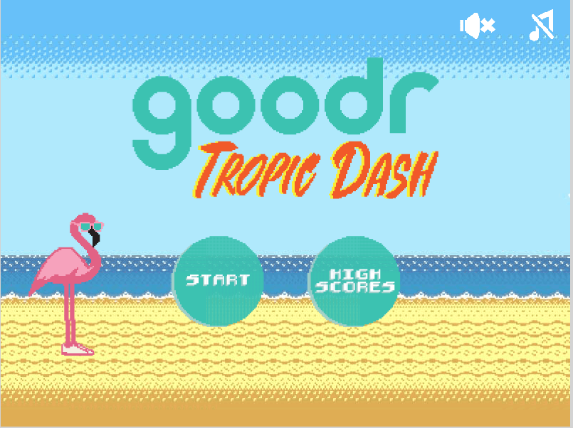 Pixelated video game start screen featuring a pink flamingo on a beach. Text reads "goodr Tropic Dash" with two buttons: "Start" and "High Scores." Icons for sound and music are in the top corners against a blue sky and ocean backdrop.