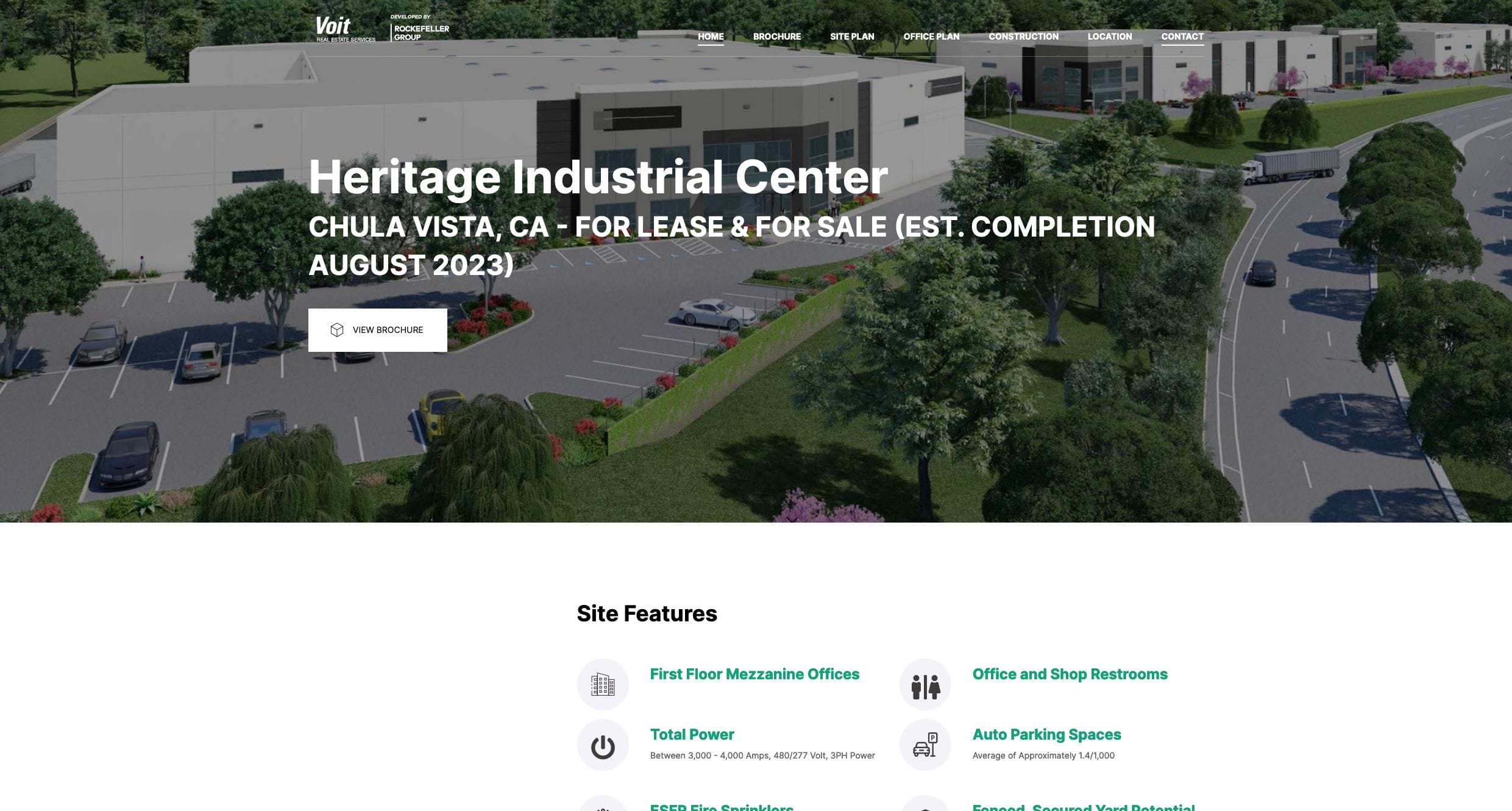 Image of the Heritage Industrial Center website page showing a large industrial building surrounded by trees and parked cars. Text includes leasing and sale information for Chula Vista, CA, with features like offices, parking, and security listed below.