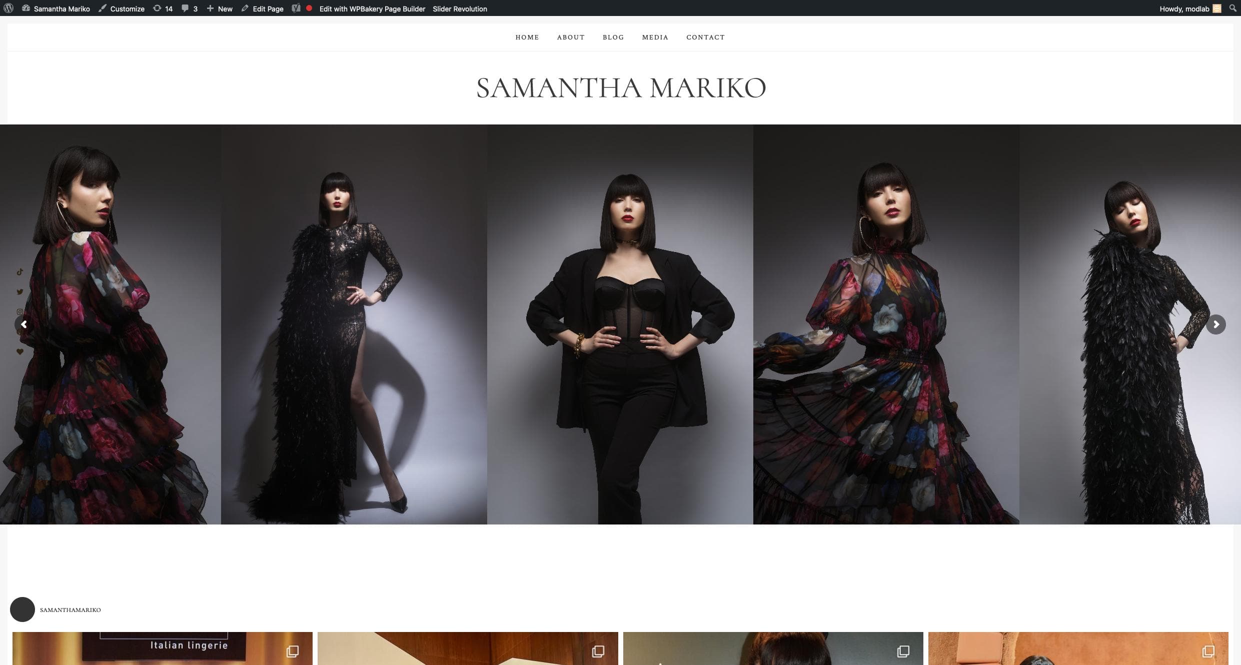 casestudy-samanthamariko A website header showcases a model named Samantha Mariko posing in five different high-fashion outfits. The styles include elegant black and floral-themed dresses. The background is neutral, highlighting the outfits.