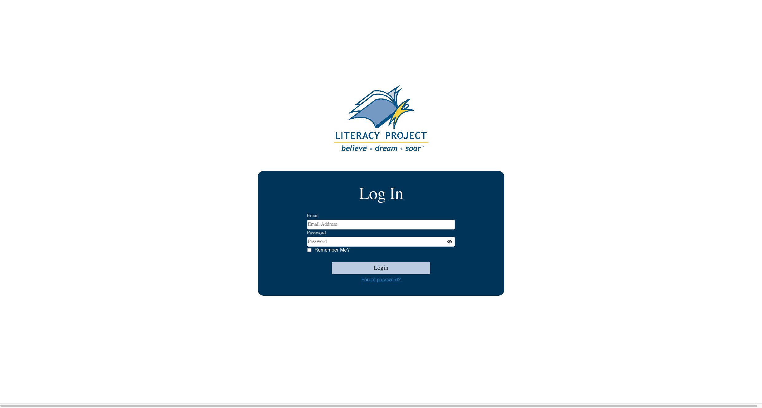 casestudy-tlp Log in page for the Literacy Project with a logo of a blue bird carrying a book. Fields for email and password, with options to remember the user and reset the password. The mission statement "believe • dream • soar" is below the logo.