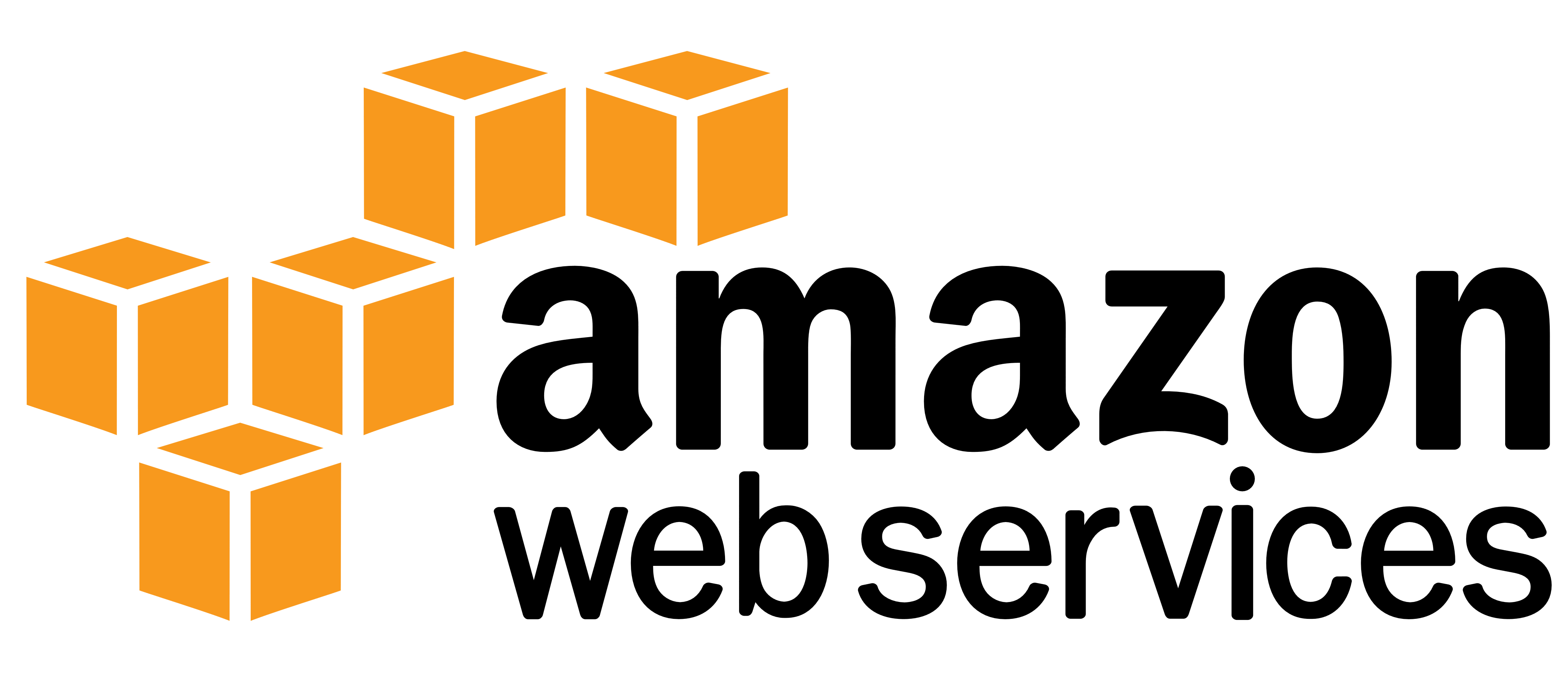 The image shows the Amazon Web Services (AWS) logo, consisting of abstract orange cubes resembling blocks arranged in a pattern, alongside the text "AWS" in black.