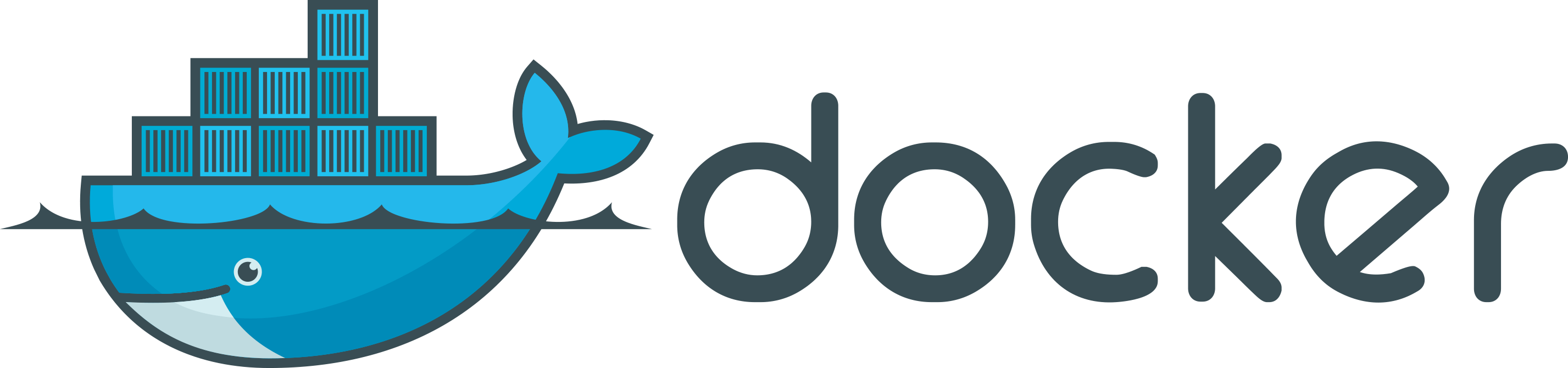 Docker logo featuring a blue whale carrying a stack of shipping containers, with the word "docker" written in lowercase letters to the right.