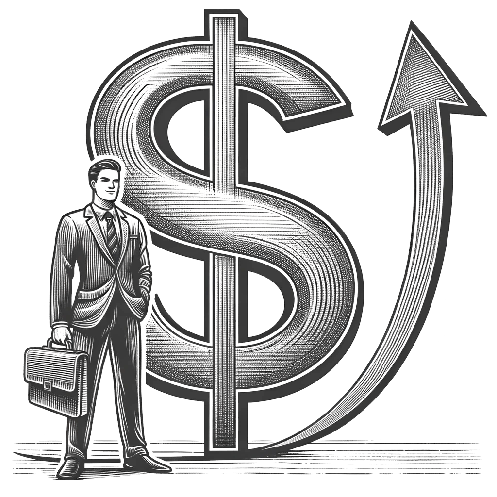 data-optimization-01 A businessman holding a briefcase stands next to a large dollar sign, with an upward arrow integrated into the design, symbolizing financial growth and success. The image is black and white with a polished, stylized look.