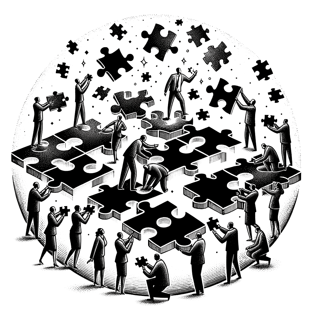 data-optimization-02 Illustration of people collaboratively assembling a giant puzzle, with various pieces floating above them. Each person holds a piece, symbolizing teamwork and problem-solving. The image is in black and white, with a circular composition.