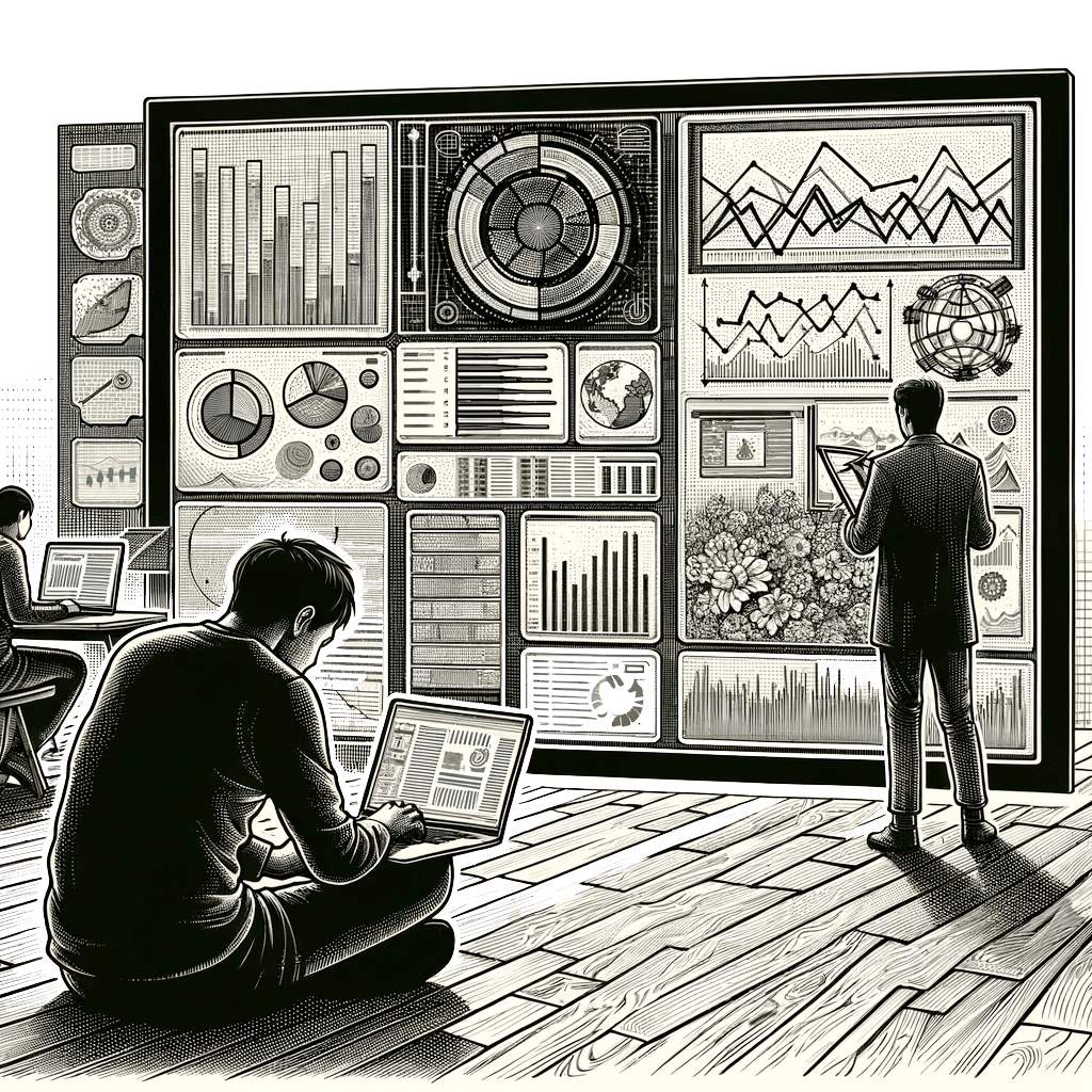 database-engineering-01 People analyzing data on laptops and a large digital display filled with charts and graphs. The scene has a monochrome, sketch-like style, with a focus on technology and information visualization.