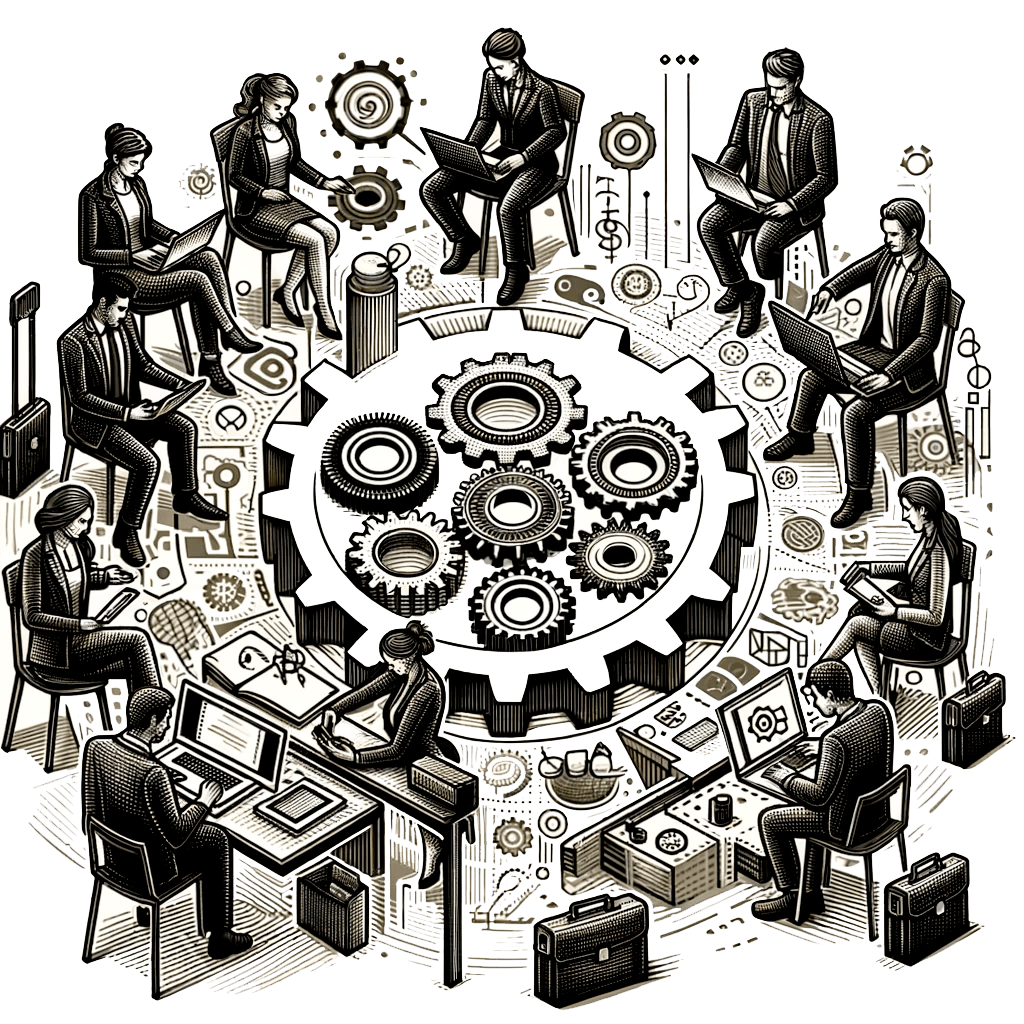 database-engineering-02 A monochrome illustration of businesspeople in suits seated in a circle around a large gear, working on laptops and tablets. The gear is surrounded by smaller gears and digital symbols, suggesting a collaborative and technology-driven environment.