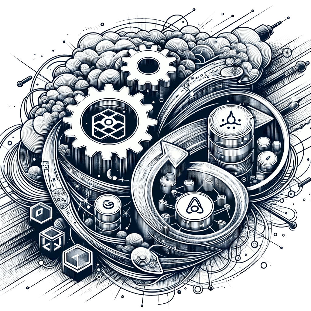 devops-integration-01 Intricate illustration featuring mechanical gears, swirling arrows, and digital cloud-like forms, symbolizing technology integration and innovation. Various icons and interconnected lines suggest concepts of data, speed, and efficiency in a complex network.
