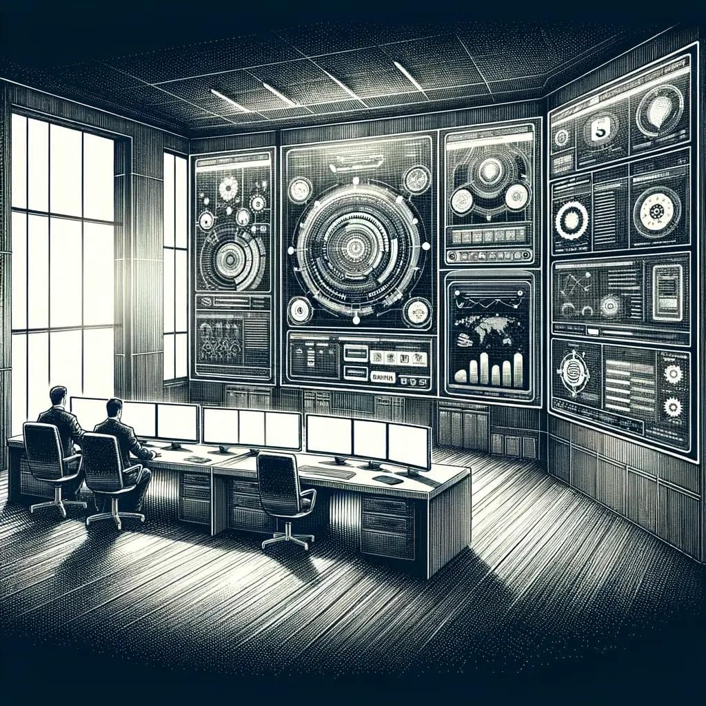 A control room with two people sitting at desks, facing an array of multiple large screens displaying complex graphs, charts, and data visuals. The room has a modern, high-tech ambiance with wooden floors and large windows.