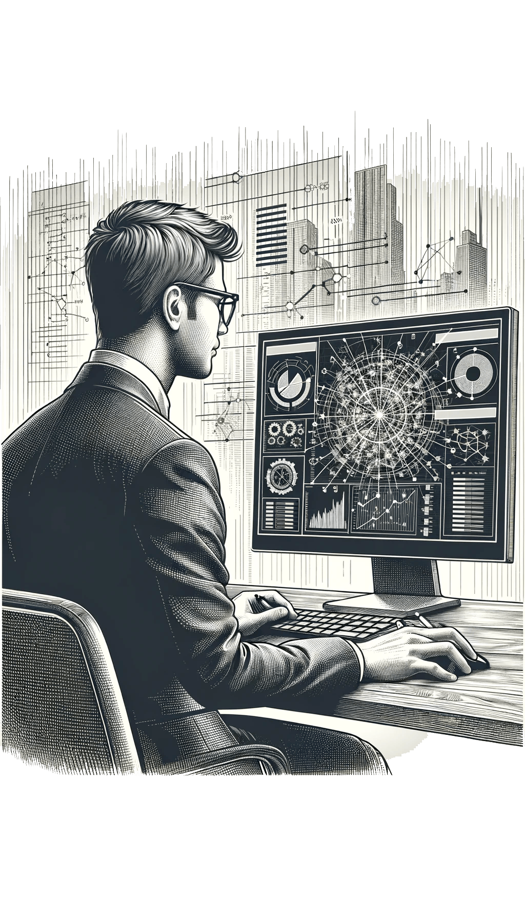 enterprise-system-development-02 Illustration of a man in glasses and a suit working at a computer. The screen displays complex graphs, charts, and digital data. The background features abstract cityscape outlines and technical diagrams.