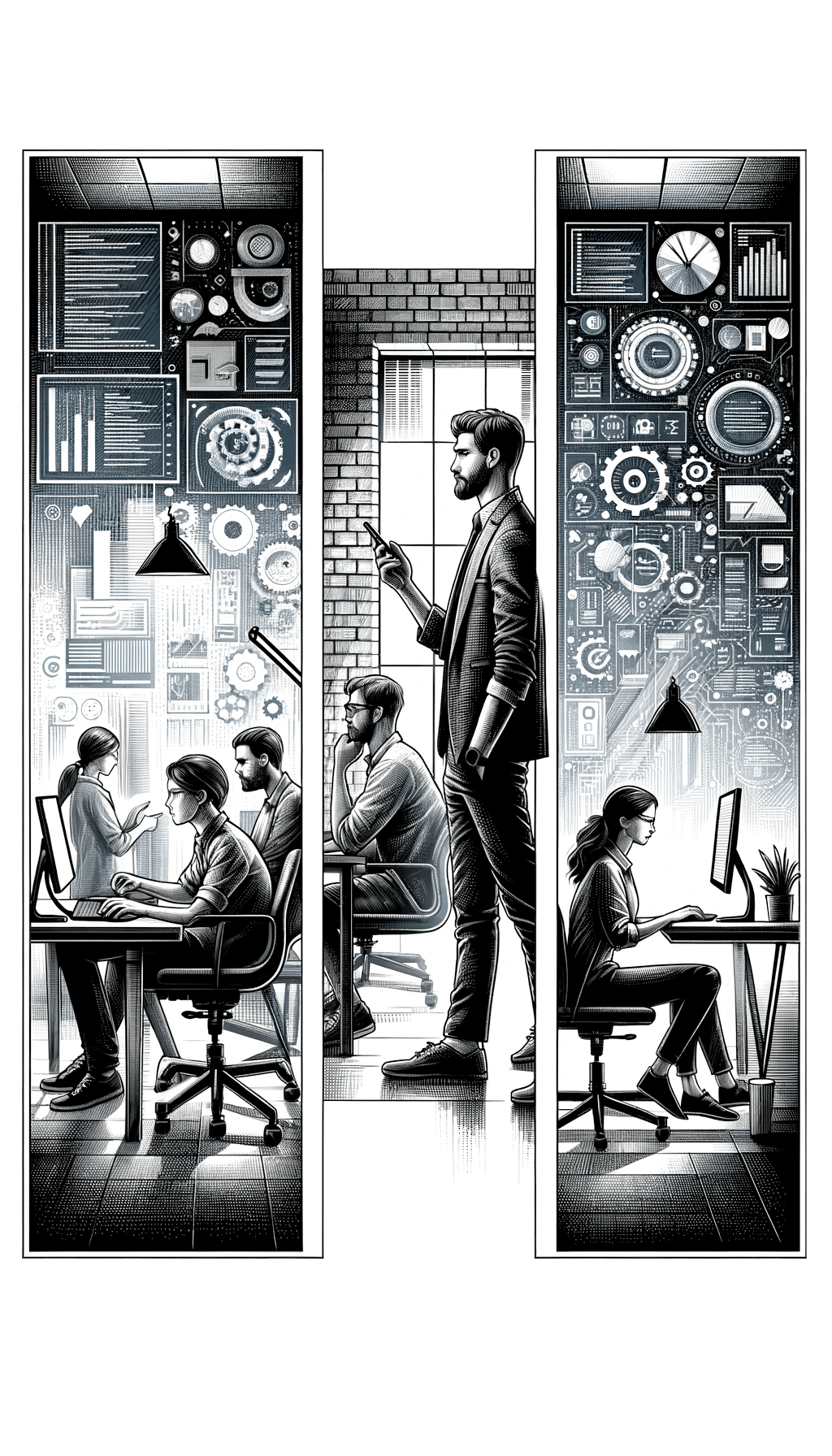 Modern Web Development Agency Workflow - Team Collaboration and Advanced Technologies Triptych illustration of a modern tech office, showcasing detailed black and white artwork of employees working, technology interfaces, and data visualization screens.