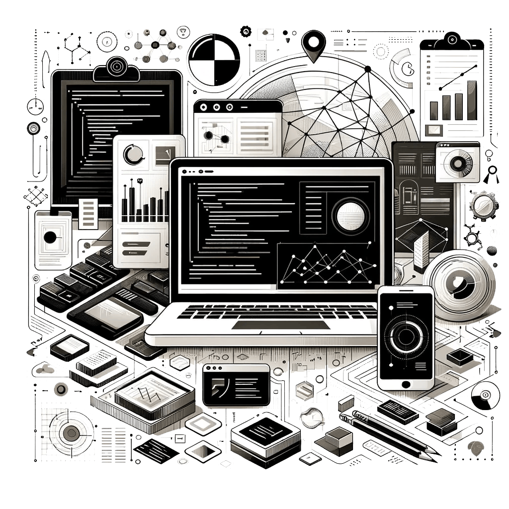 Home 2 A black and white illustration of a laptop surrounded by various digital data-related elements like graphs, charts, tablets, and smartphones. It conveys a theme of technology, data analysis, and Modern Labyrinth web development processes.