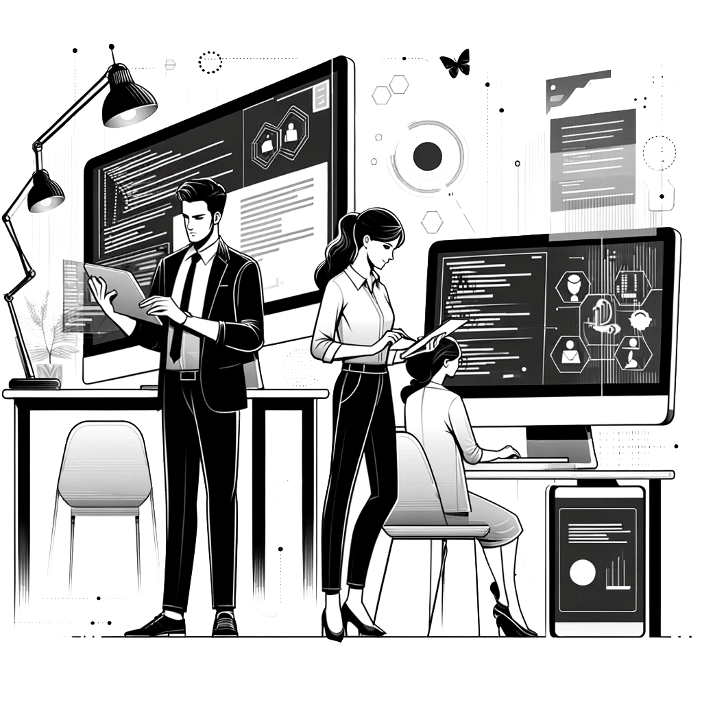 homepage-2 Illustration of three people in a tech office. One person reads a document near a large screen displaying code, another writes on a tablet, and a child sits at a desk with a computer showing diagrams. Modern office decor and tech elements surround them.