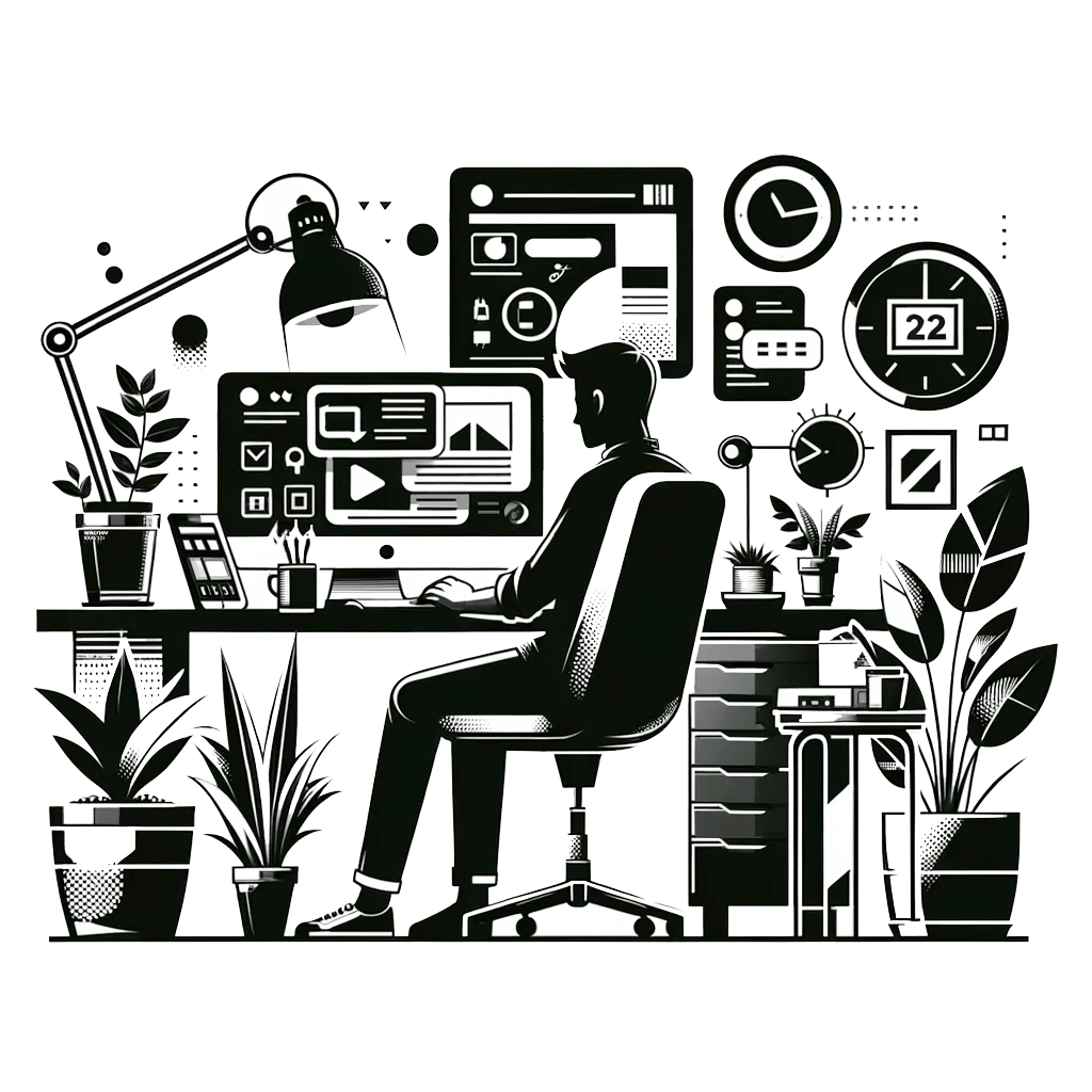 homepage-3 A black and white illustration of a person sitting at a desk working on a computer. The workspace is surrounded by plants, a desk lamp, and various digital icons and clocks. The scene conveys a modern, organized office environment.