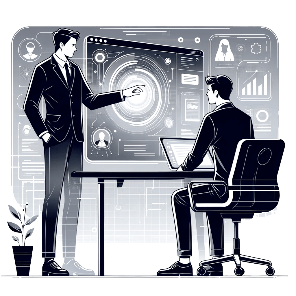 homepage-5 Two men in suits interact with a futuristic digital display in an office setting. One man points at the display while the other sits, holding a tablet. The room features a large screen with various technical graphics. A plant decorates the space.