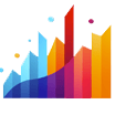 icon-analytics A colorful bar chart with vertical bars in shades of blue, purple, red, orange, and yellow, varying in height. Some small, floating circles are scattered around the bars. The chart appears stylized and abstract.