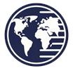 A logo featuring a stylized globe in navy blue, showing parts of continents with horizontal lines on the right side, suggesting motion or digital theme, on a white background.