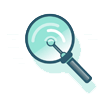 A stylized magnifying glass with a teal handle and a circular lens. The glass has a subtle gradient and a light shadow effect to suggest depth and motion. The background is plain and light-colored.