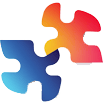icon-puzzlepieces Two interlocking puzzle pieces, one in shades of blue and the other in red and orange, isolated on a white background.