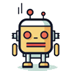 icon-robo Illustration of a cute robot with a rectangular head, round eyes, and red accents. It has two antennas on top, straight arms, and wheels for legs. The background is white.