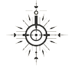 icon-schematic A symmetrical, black tattoo-like design featuring a central circle with several radiating lines and arrows pointing outward. The overall shape resembles a combination of a compass rose and a target.