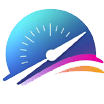 icon-speedometer An abstract icon of a speedometer with a gradient background ranging from blue to purple, with a colorful swoosh at the bottom in pink, purple, and orange.