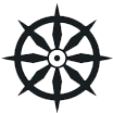 icon-wheel A black and white compass rose with eight points, each ending in an arrowhead. The design features a central circle with a smaller dot in the middle, and the arrowheads vary in size, creating a symmetrical, star-like appearance.
