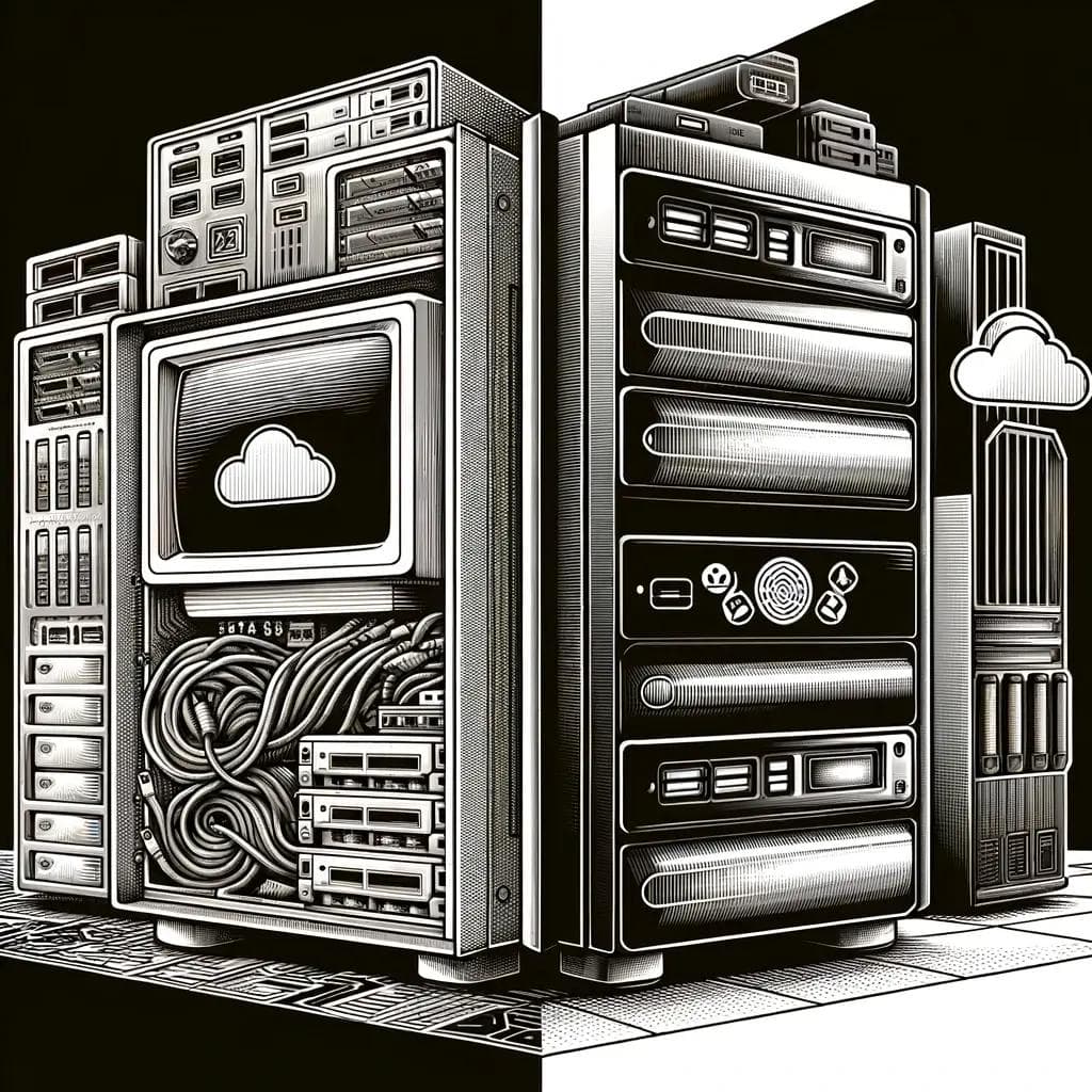 legacy-systems-01 Illustration of various computer servers and network devices interconnected with cables. A cloud icon is displayed on a monitor, symbolizing cloud computing. The design is in a detailed, monochrome style.