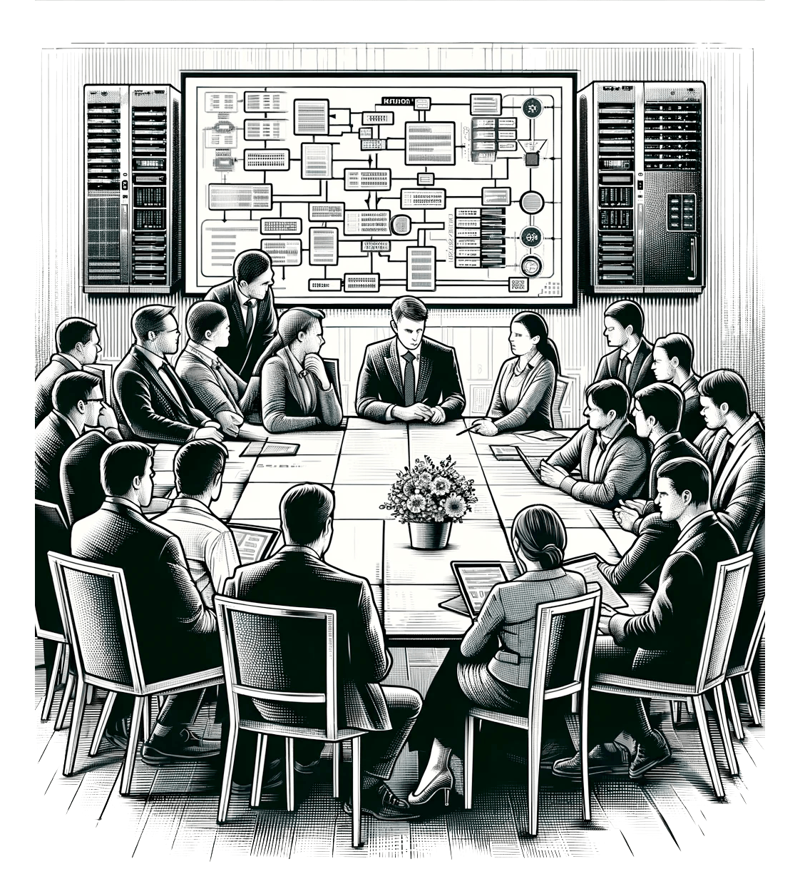 legacy-systems-02 A group of professionals seated around a large table in a meeting room. They are discussing a complex flowchart displayed on a screen behind them. Papers, laptops, and a potted plant are on the table.