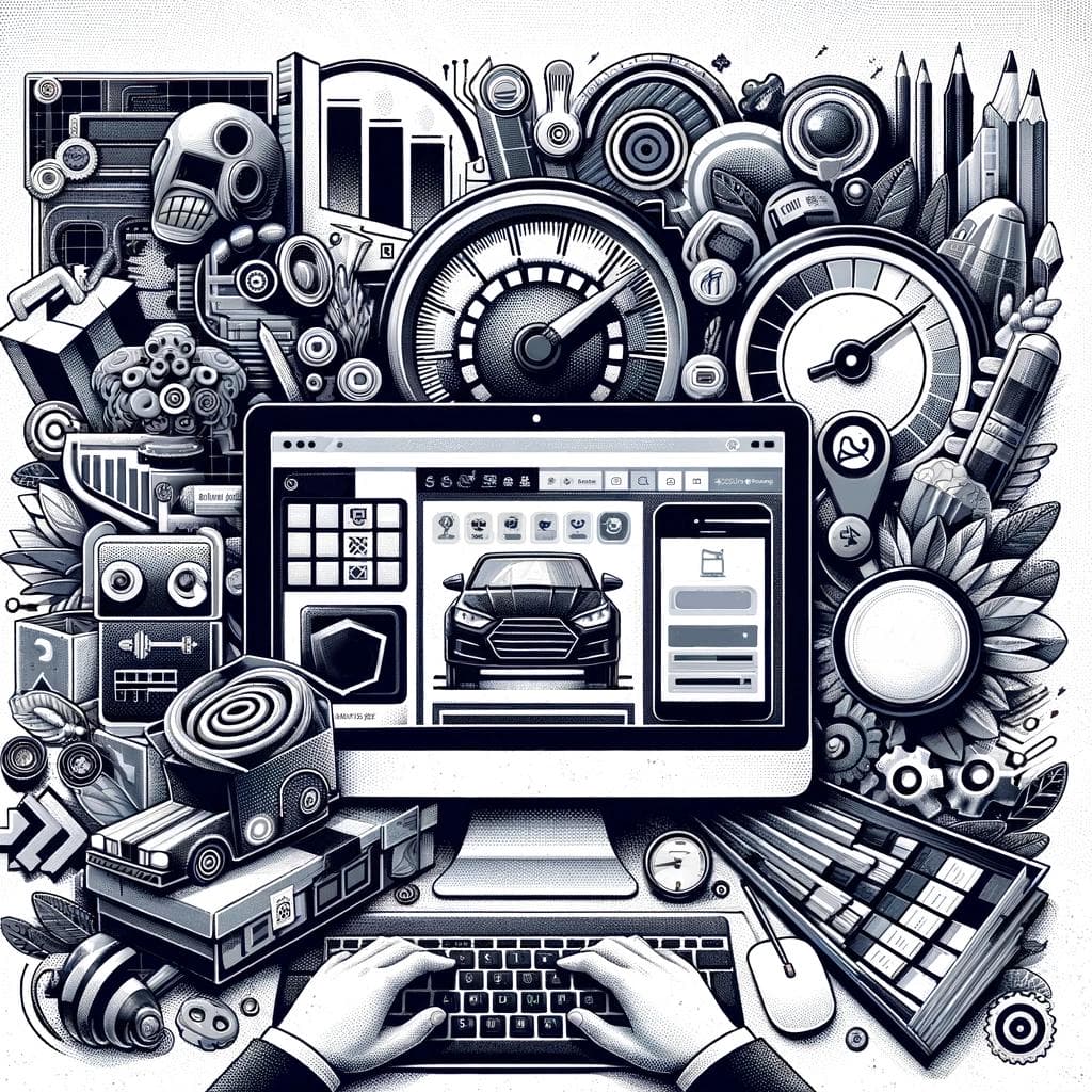 shopify-development-01 A grayscale illustration featuring a computer screen displaying a car design interface. Surrounding it are various mechanical and digital icons, including gears, clocks, and other tools, with hands typing on a keyboard.