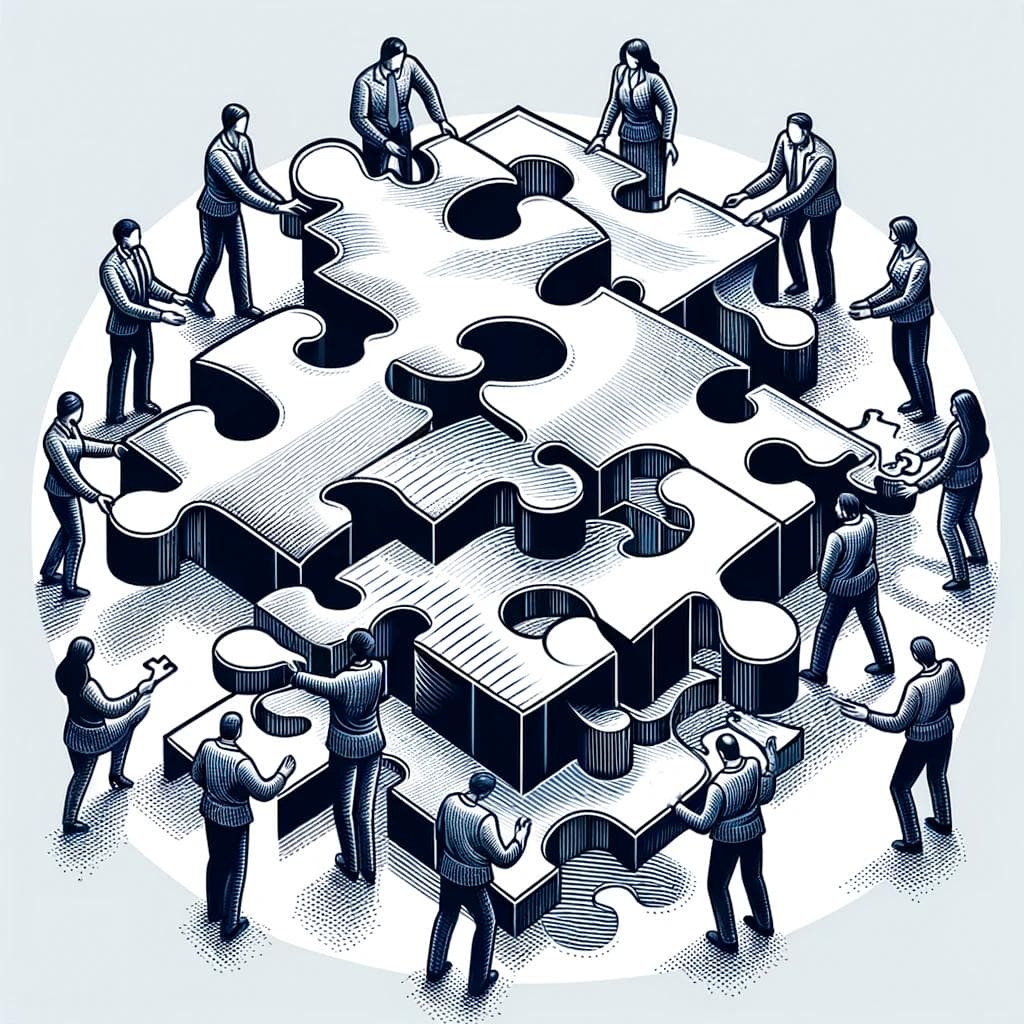 shopify-development-02 Illustration of people in business attire assembling a large, three-dimensional jigsaw puzzle. The puzzle is made of interconnected pieces, symbolizing teamwork and collaboration. The figures are placing pieces, suggesting cooperative problem-solving.