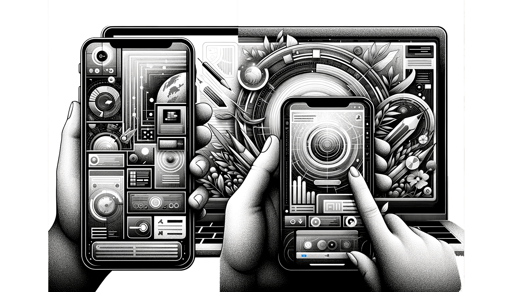 web-app-dev-02 Black and white illustration of hands holding smartphones in front of a laptop. The screens display futuristic, complex digital interfaces with various geometric shapes, charts, and cosmic elements, blending technology and surrealism.