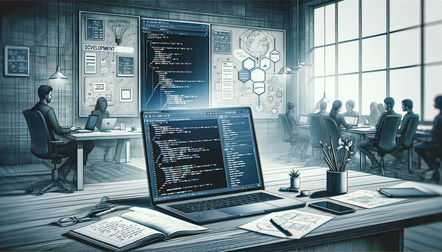 webapp-dev-01-v2 A modern office with people working at desks, computers displaying code, and development diagrams on walls. A prominent laptop shows programming scripts, surrounded by notebooks and a cup. Large windows provide natural light.