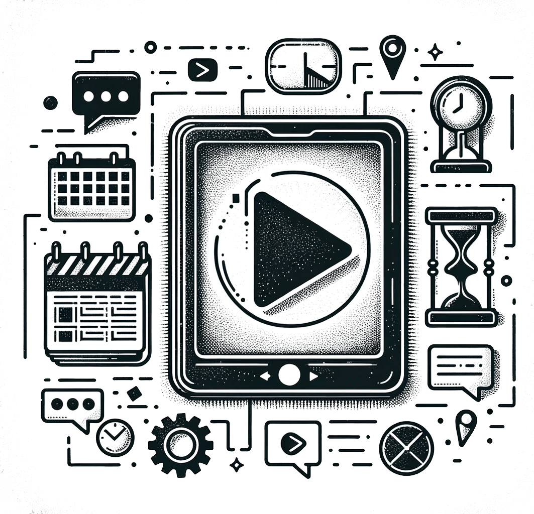 wordpress-woocommerce-1 A digital illustration of a tablet with a play button, surrounded by various icons including a calendar, hourglass, clock, and speech bubbles, representing multimedia and time management concepts.