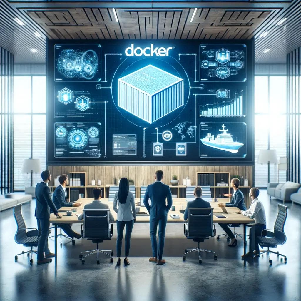 Modern Labyrinth Docker Expertise - Collaborative Technology Team Team of Docker experts collaborating in a high-tech office environment, showcasing Docker containerization solutions.