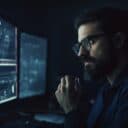 Maximize Tech Project Success with Kubernetes Expertise 1 A person with a beard and glasses is intently looking at a computer screen displaying complex data or code in a dimly lit room. There are multiple monitors, and the atmosphere suggests focus and concentration.